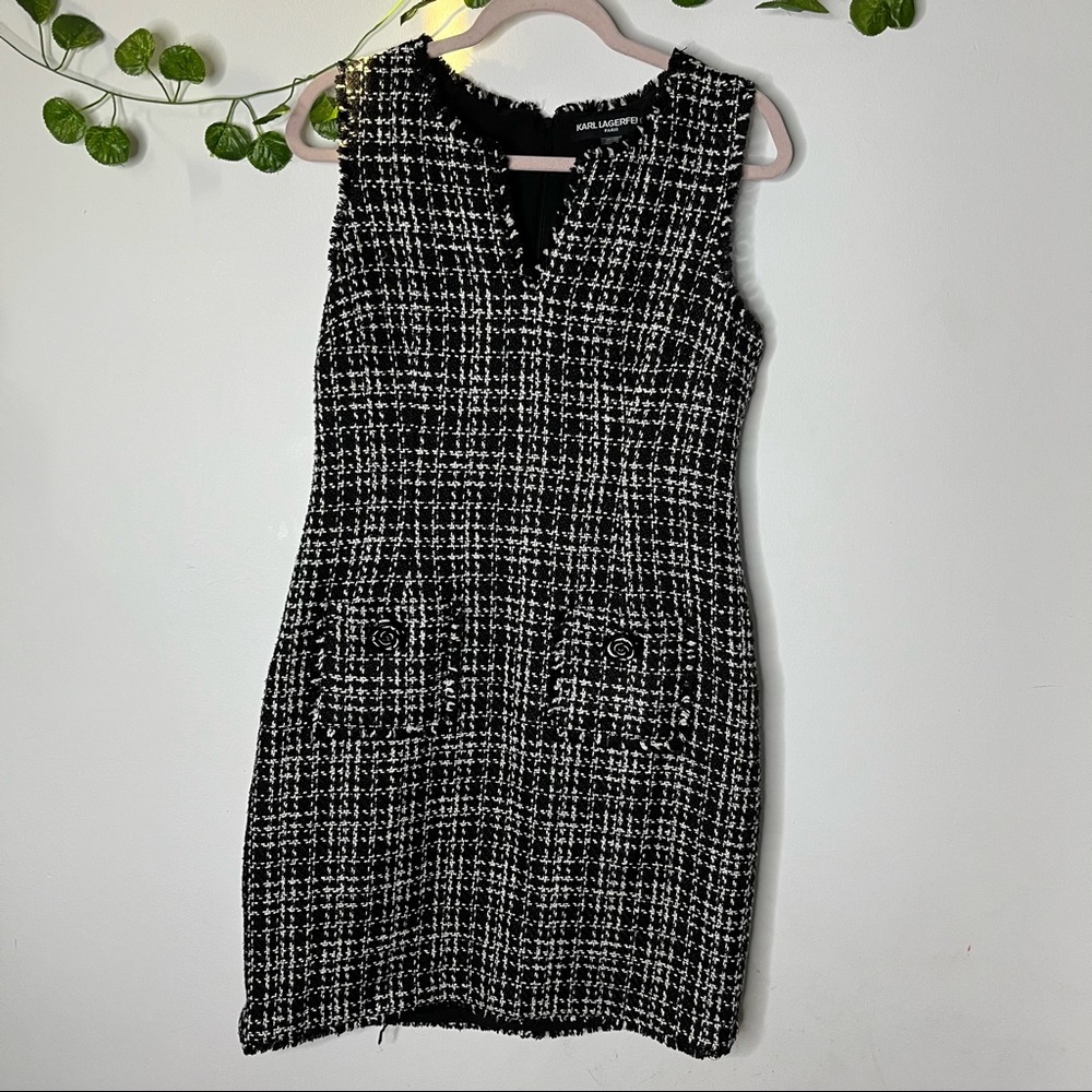 Karl Lagerfeld Women’s V Neck Tweed Knit Jumper Black White Dress size 10
